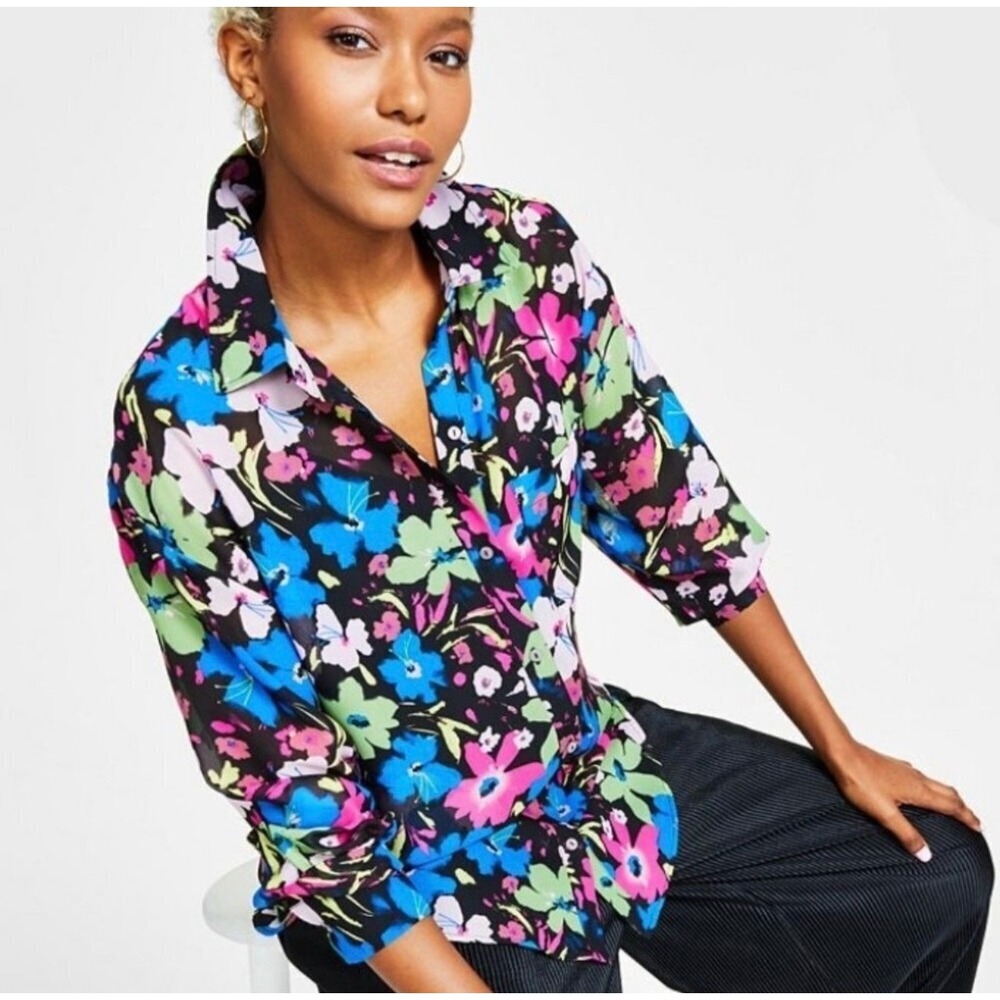 Bar III Women Floral Sheer Mesh Button Down Shirt Black Blue Pink Green Multi L